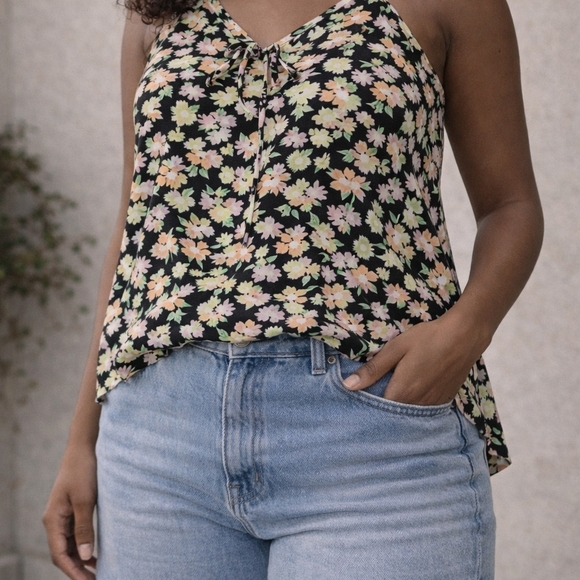 No Boundaries Tops - No Boundaries NOBO Black Pink Yelow  Pink Floral Haltar Top SZ Jr L 11/13 Spring